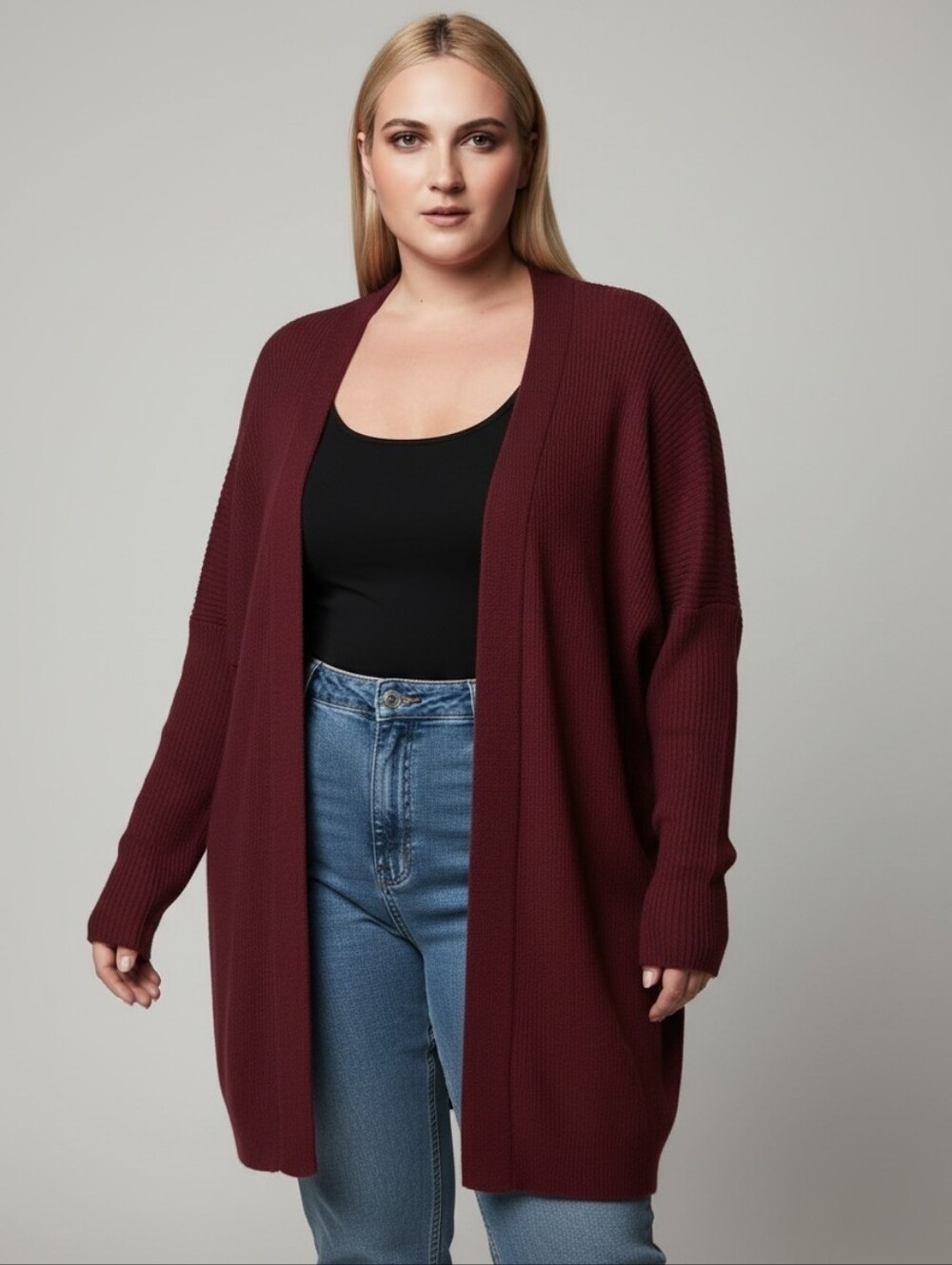 Guilty Rayon Open-Front Ribbed Cardigan Sweater in Burgundy